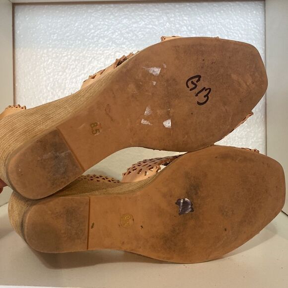 Jeffrey Campbell Tan Leather Cutout Wedge Sandals Womens Boho Resort Festival - Picture 11 of 11
